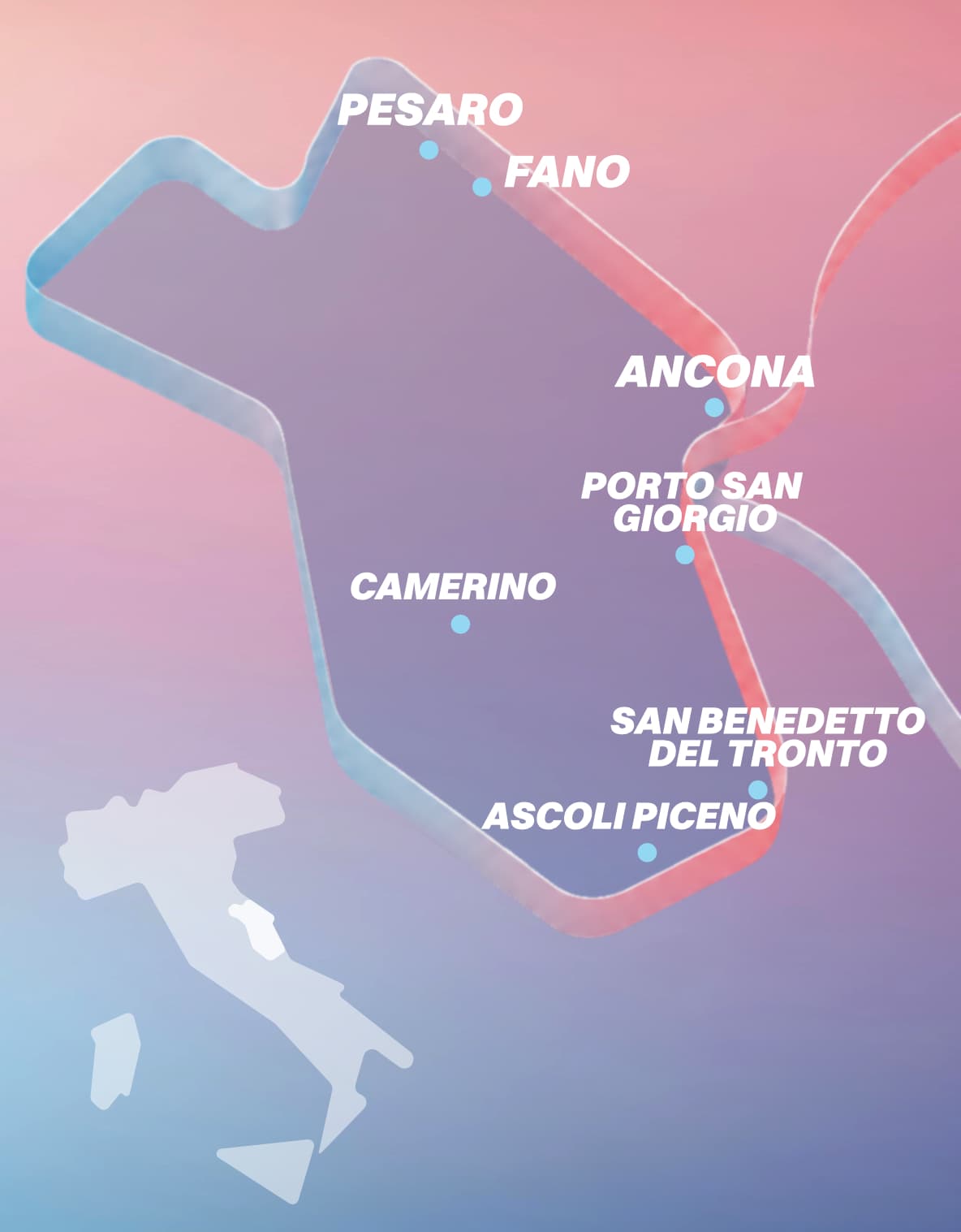 Map of Le Marche with the seven training destinations